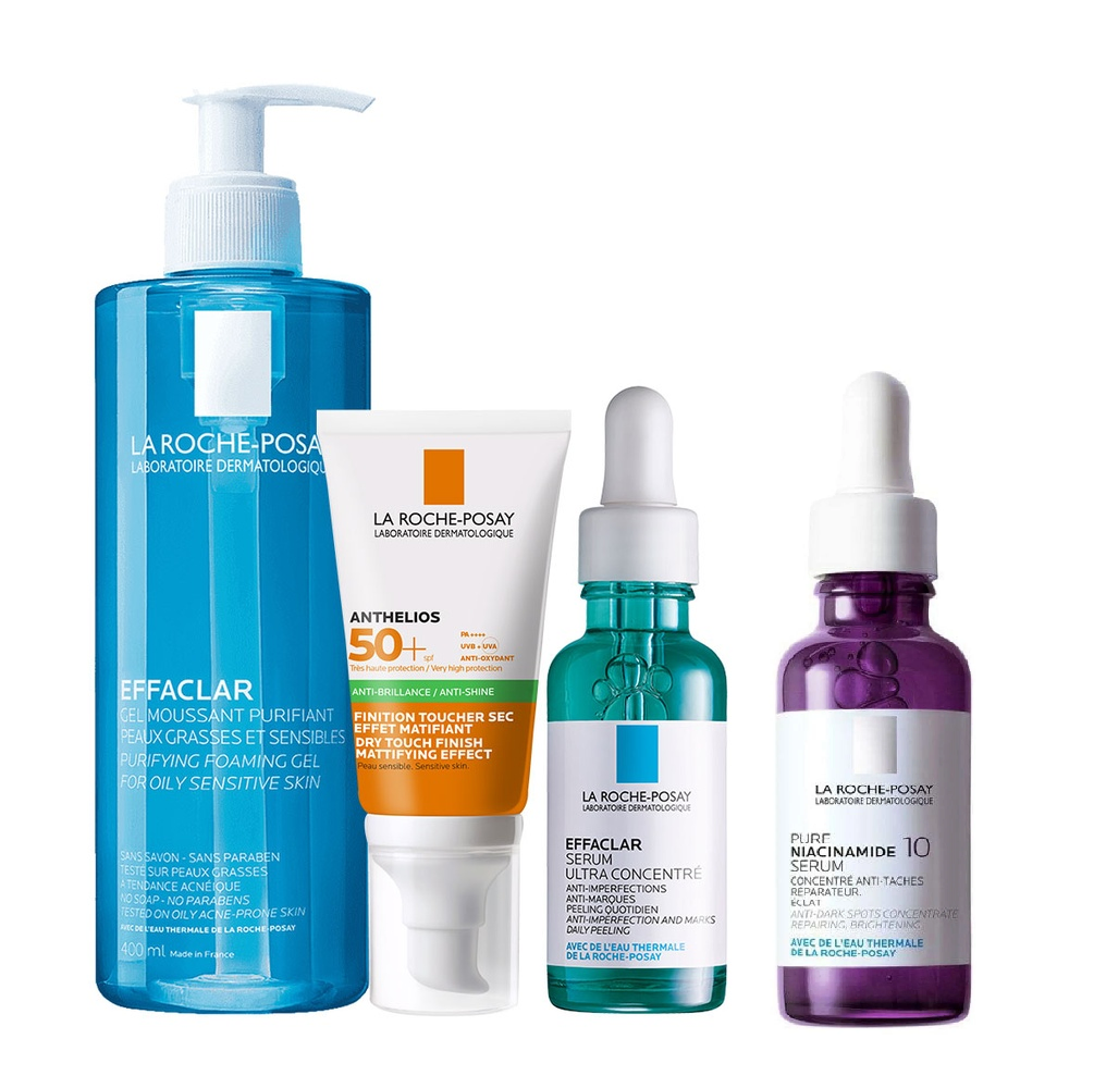 Pack 4 routine Gel moussant 400ml + Anthelios gel + Sérum pure niacinamide b10 + Sérum effaclar ref249